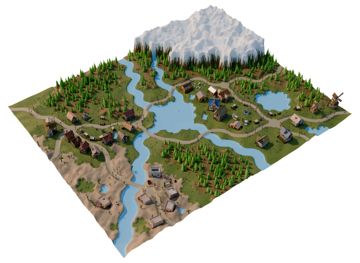 Isometric layout of the Frontier Mosaic 3D world generated by WorldClaw
